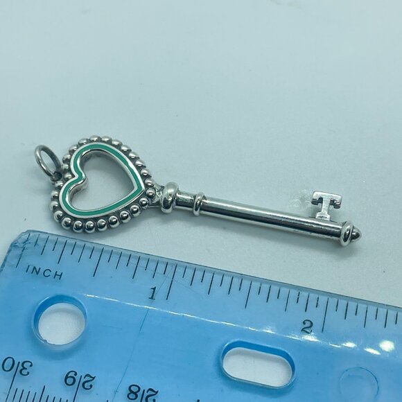 Tiffany & Co. AG 925 Sterling Silver Large Heart Key Beaded Pendant Blue Enamel - Picture 8 of 8